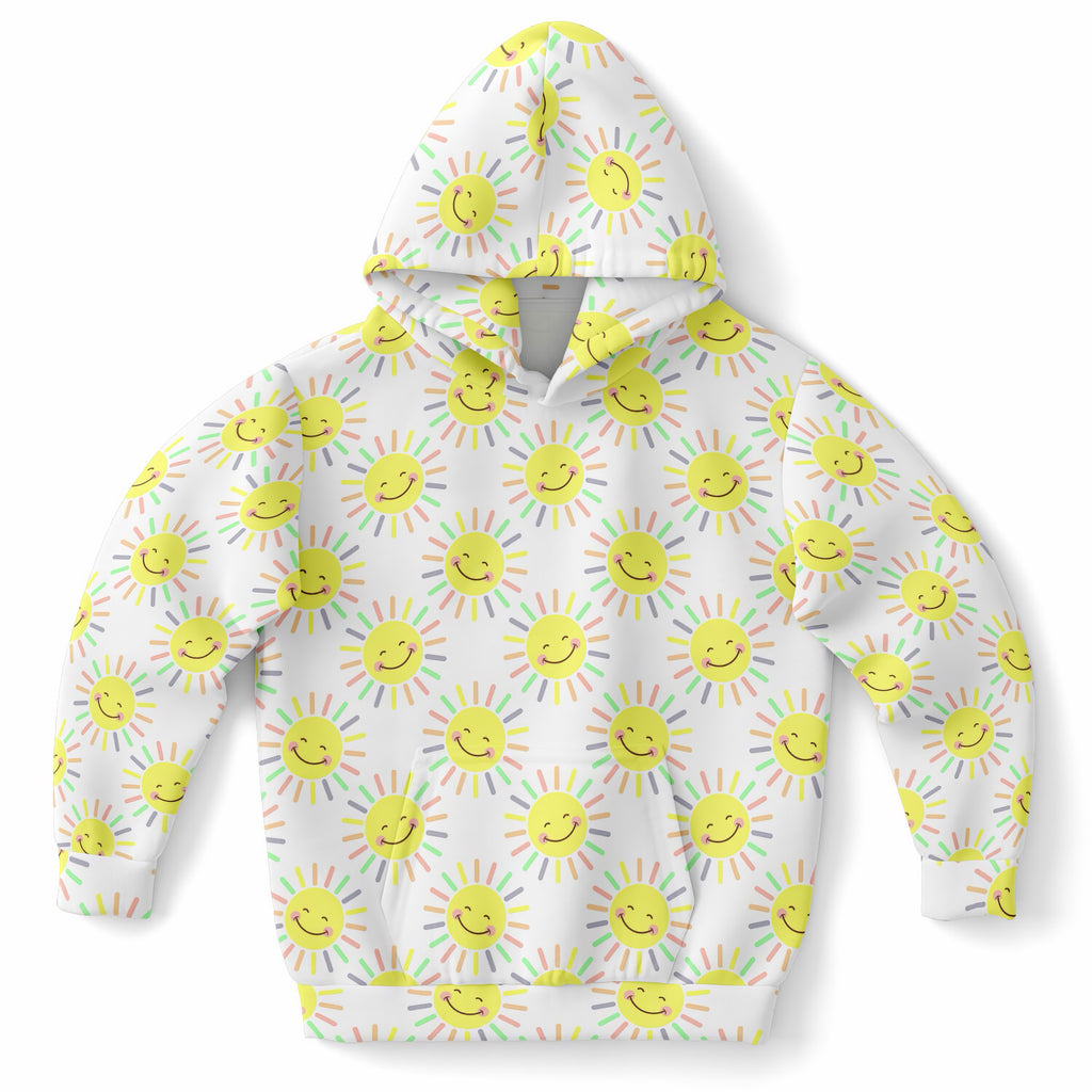 Kids Happy Sunshine Hoodie – Ultra Comfy & Stretchy, Cozy Fleece or Lightweight Sports Fabric, Double-Layer Hood & Kangaroo Pocket