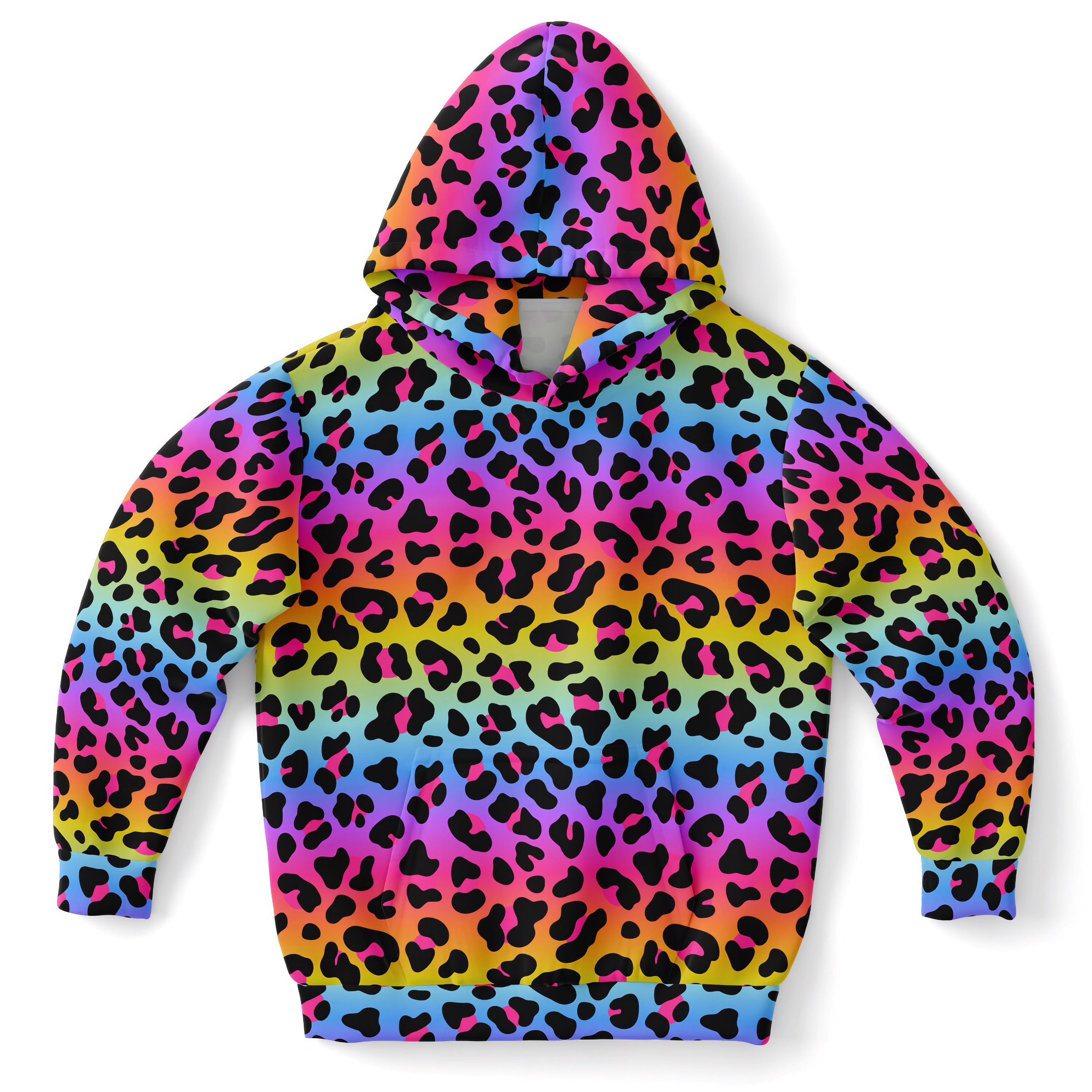 Girls Rainbow Cheetah Hoodie – Cozy Cotton Fleece or Lightweight Sports Fabric