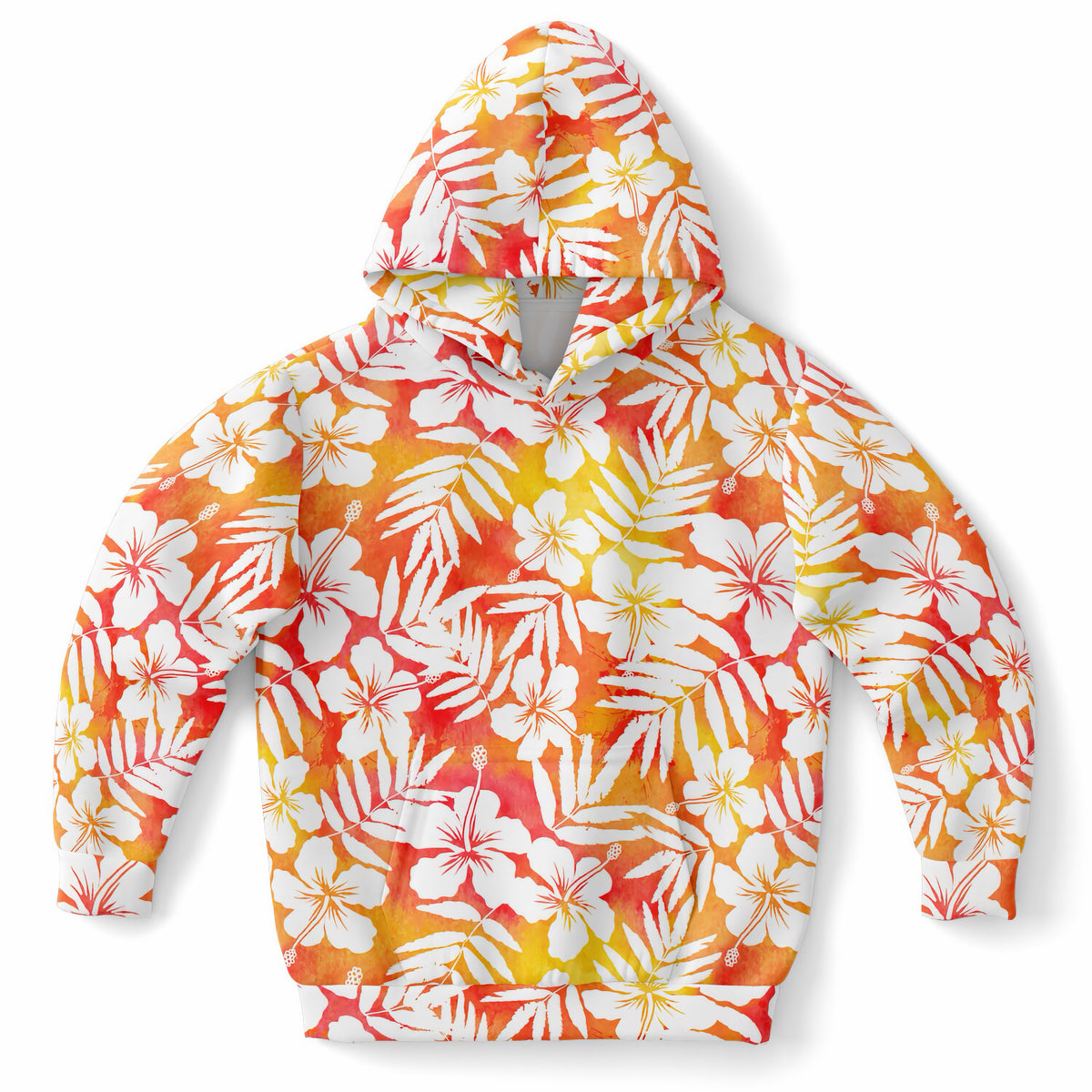Kids Sunset Orange Tropical Hibiscus Hoodie – Ultra Comfy & Stretchy, Cozy Fleece or Lightweight Sports Fabric, Double-Layer Hood & Kangaroo Pocket
