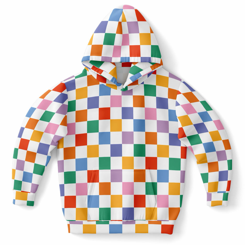 Girls Bright Rainbow Checkered Hoodie – Ultra Comfy & Stretchy, Cozy Fleece or Lightweight Sports Fabric, Double-Layer Hood & Kangaroo Pocket