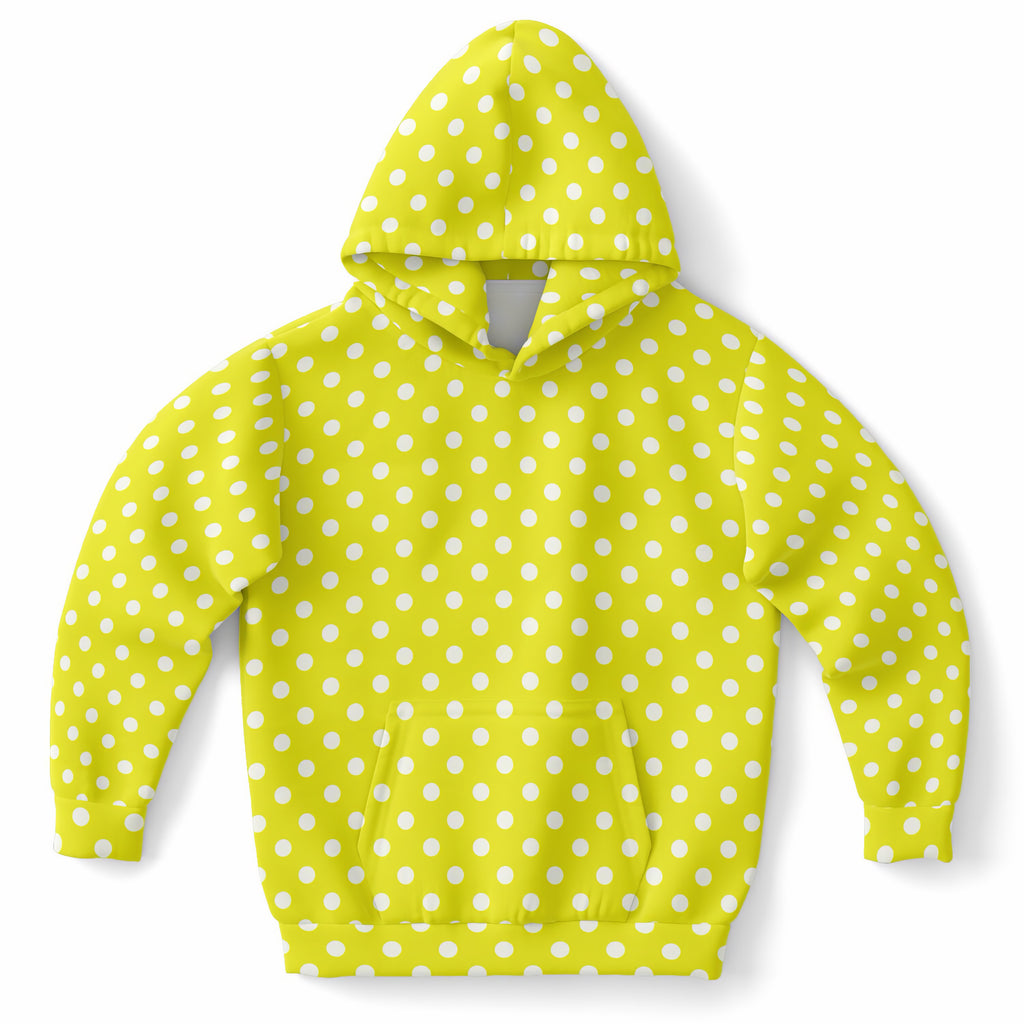 Kids Yellow Polka Dot Hoodie – Ultra Comfy & Stretchy, Cozy Fleece or Lightweight Sports Fabric, Double-Layer Hood & Kangaroo Pocket