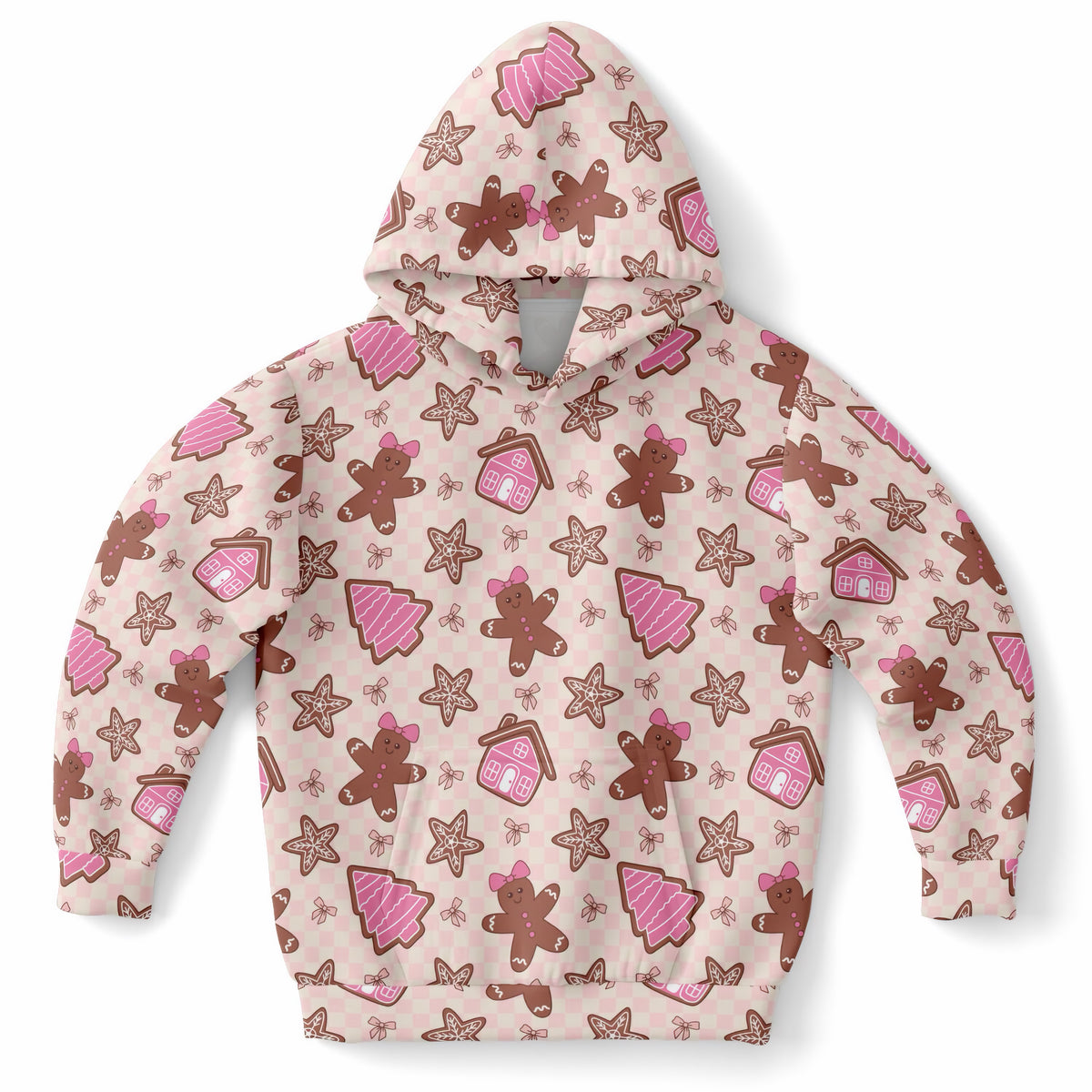 Girls Pink Gingerbread Christmas Hoodie – Ultra Comfy & Stretchy, Cozy Fleece or Lightweight Sports Fabric, Double-Layer Hood & Kangaroo Pocket