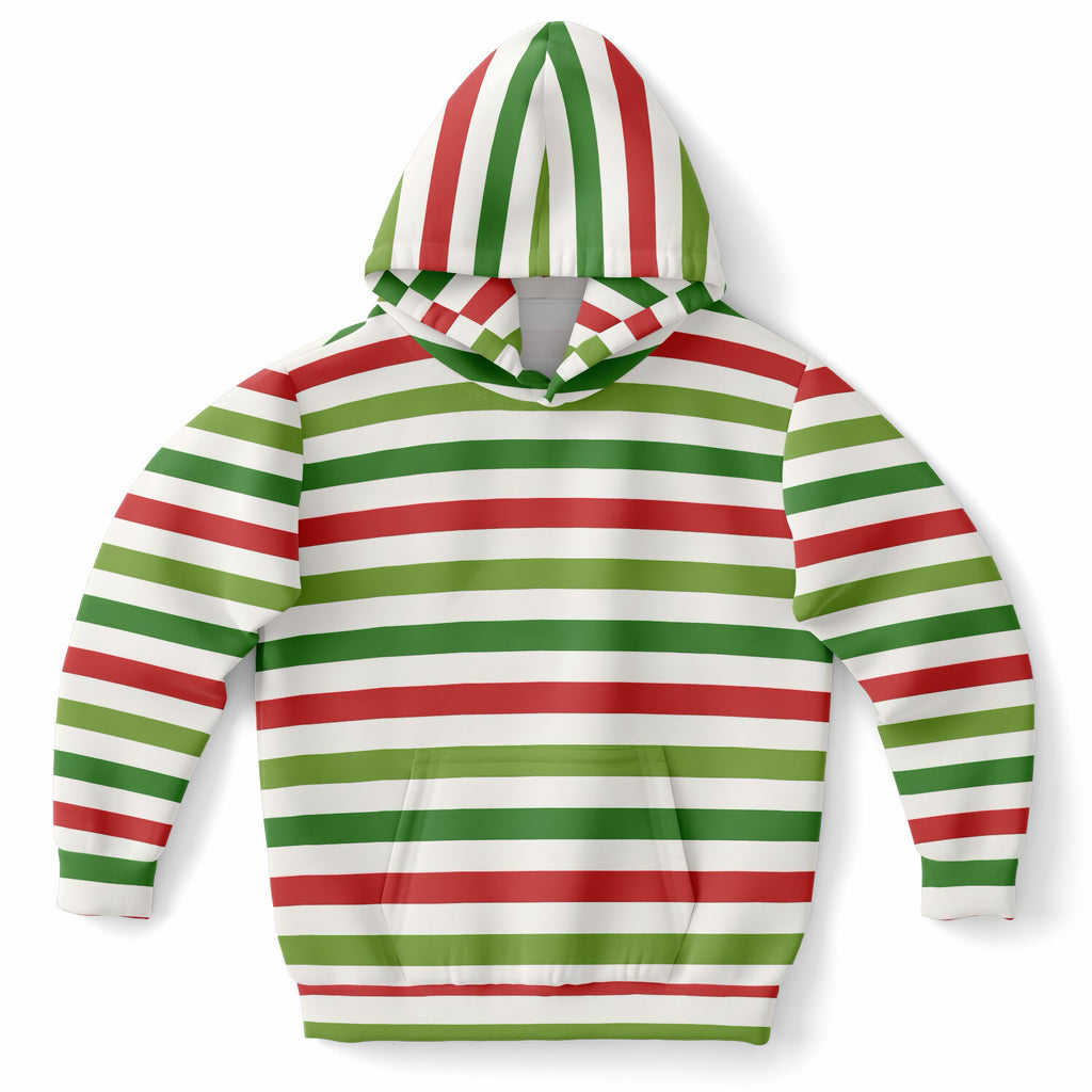 Kids Christmas Red & Green Striped Hoodie – Ultra Comfy & Stretchy, Cozy Fleece or Lightweight Sports Fabric, Double-Layer Hood & Kangaroo Pocket