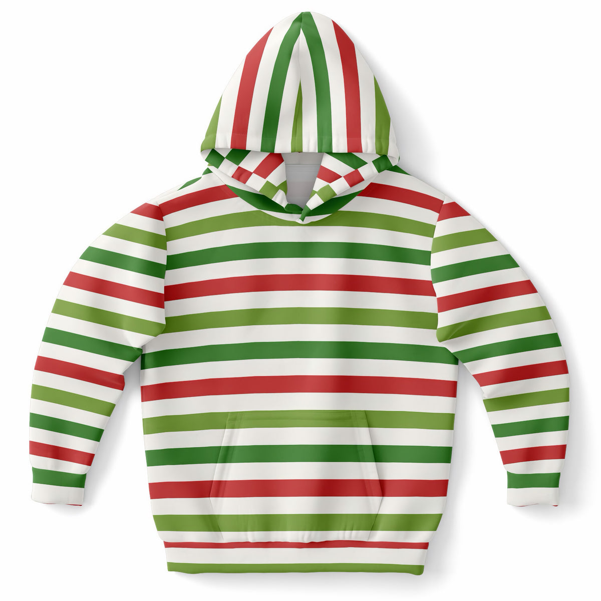 Kids Christmas Red & Green Striped Hoodie – Ultra Comfy & Stretchy, Cozy Fleece or Lightweight Sports Fabric, Double-Layer Hood & Kangaroo Pocket