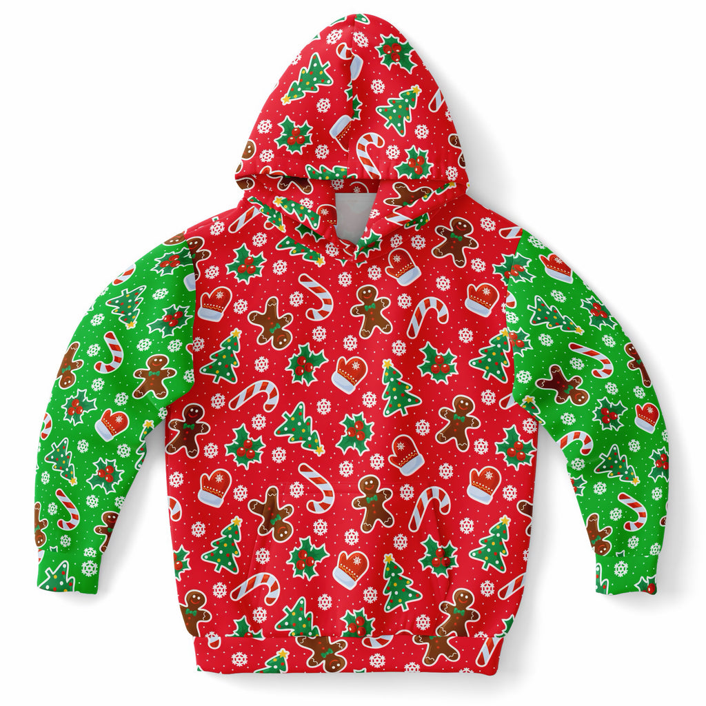 Kids Red & Green Christmas Icons Hoodie – Ultra Comfy & Stretchy, Cozy Fleece or Lightweight Sports Fabric, Double-Layer Hood & Kangaroo Pocket