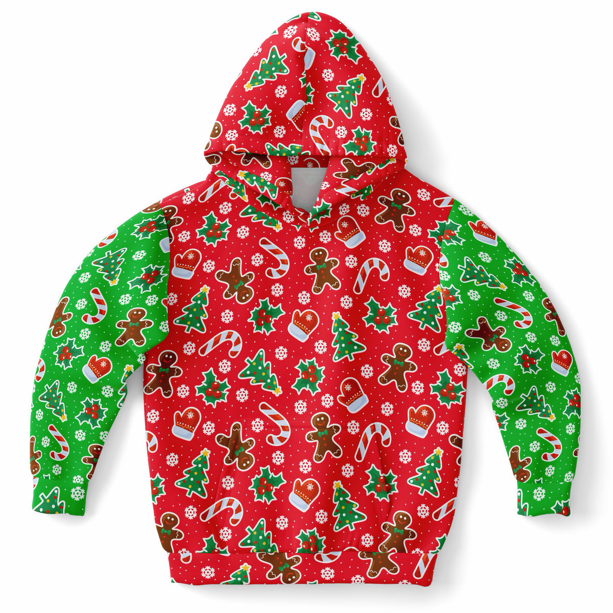 Kids Red & Green Christmas Icons Hoodie – Ultra Comfy & Stretchy, Cozy Fleece or Lightweight Sports Fabric, Double-Layer Hood & Kangaroo Pocket