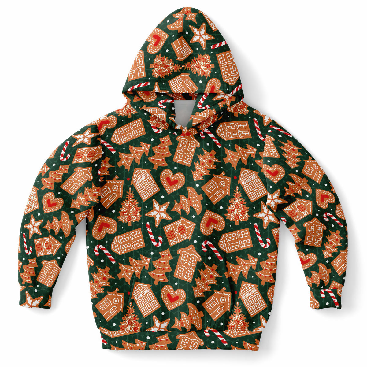 Kids Green Gingerbread Cookies Christmas Hoodie – Ultra Comfy & Stretchy, Cozy Fleece or Lightweight Sports Fabric, Double-Layer Hood & Kangaroo Pocket