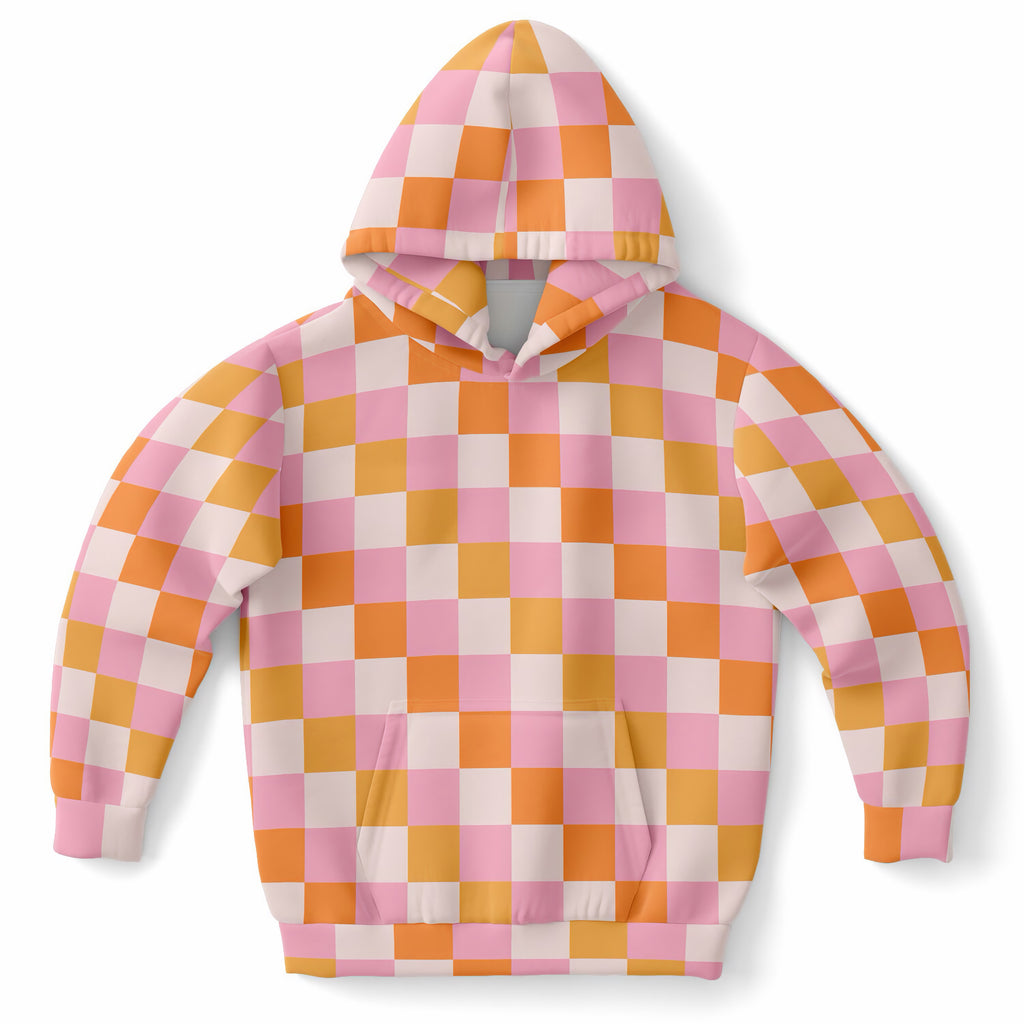 Girls Sunset Checkered Hoodie – Ultra Comfy & Stretchy, Cozy Fleece or Lightweight Sports Fabric, Double-Layer Hood & Kangaroo Pocket