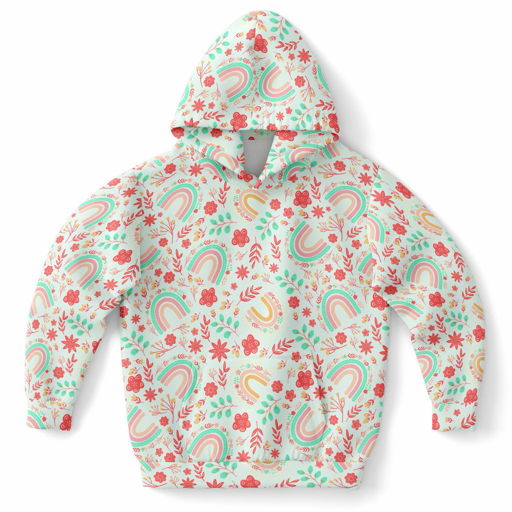 Girls Boho Rainbow Floral Hoodie – Ultra Comfy & Stretchy, Cozy Fleece or Lightweight Sports Fabric, Double-Layer Hood & Kangaroo Pocket