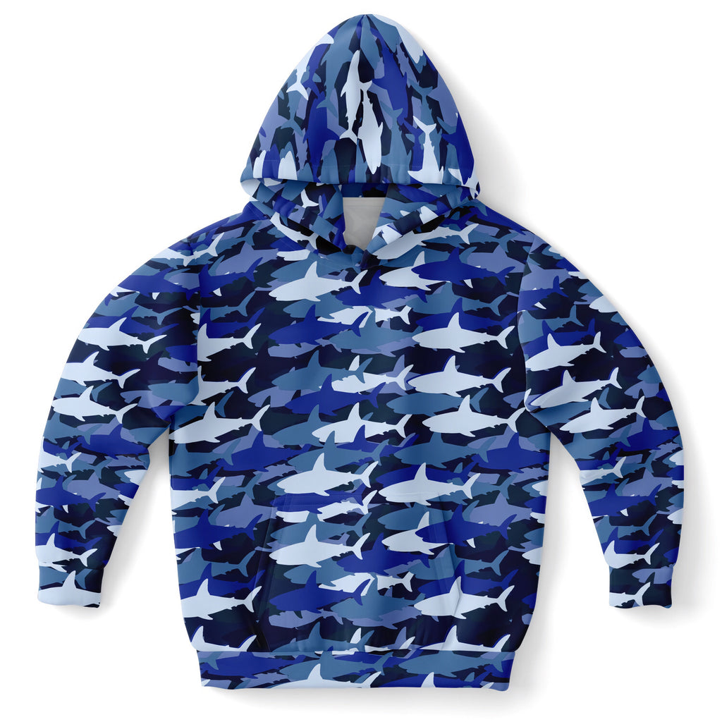Kids blue shark hoodie in cozy cotton fleece with blue and white camouflage design shown from the back side