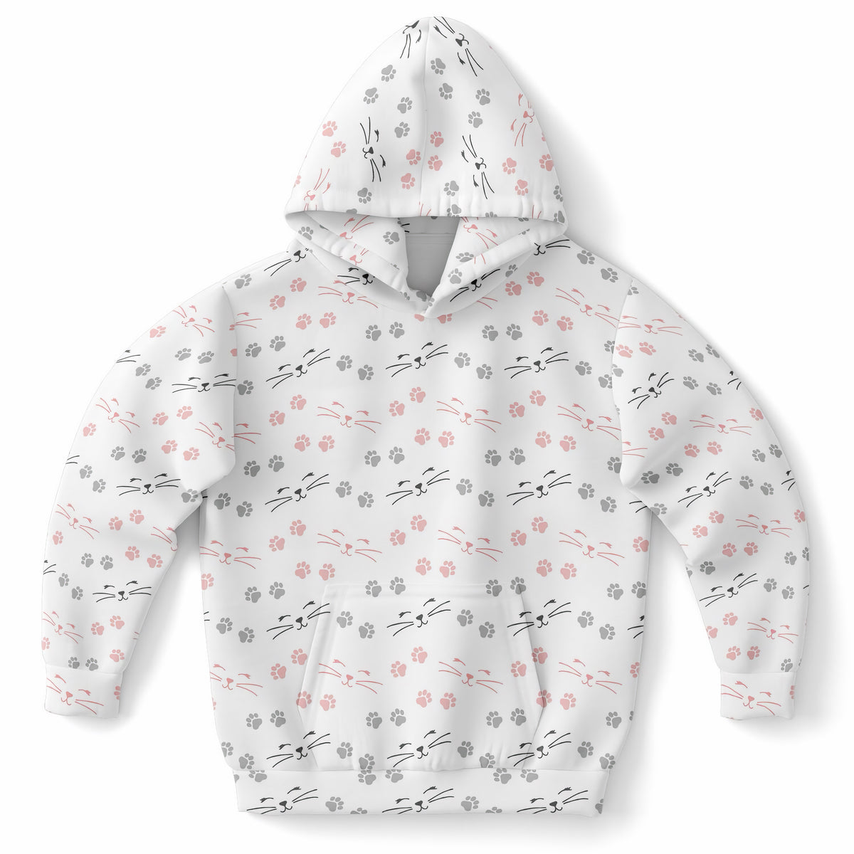 Girls Cat Face & Whiskers Hoodie – Ultra Comfy & Stretchy, Cozy Fleece or Lightweight Sports Fabric, Double-Layer Hood & Kangaroo Pocket