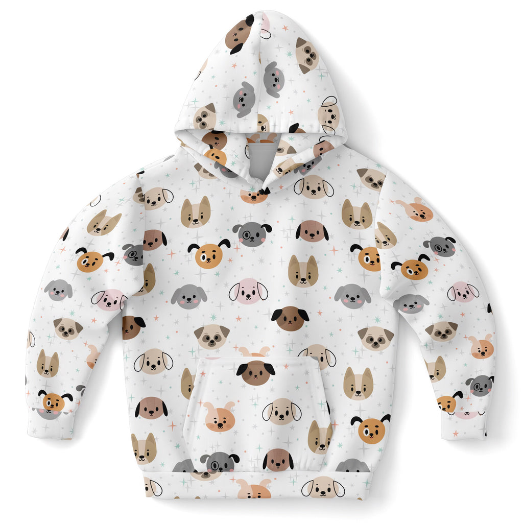 White kids hoodie with colorful cartoon dog faces made of cozy cotton fleece or lightweight sports fabric