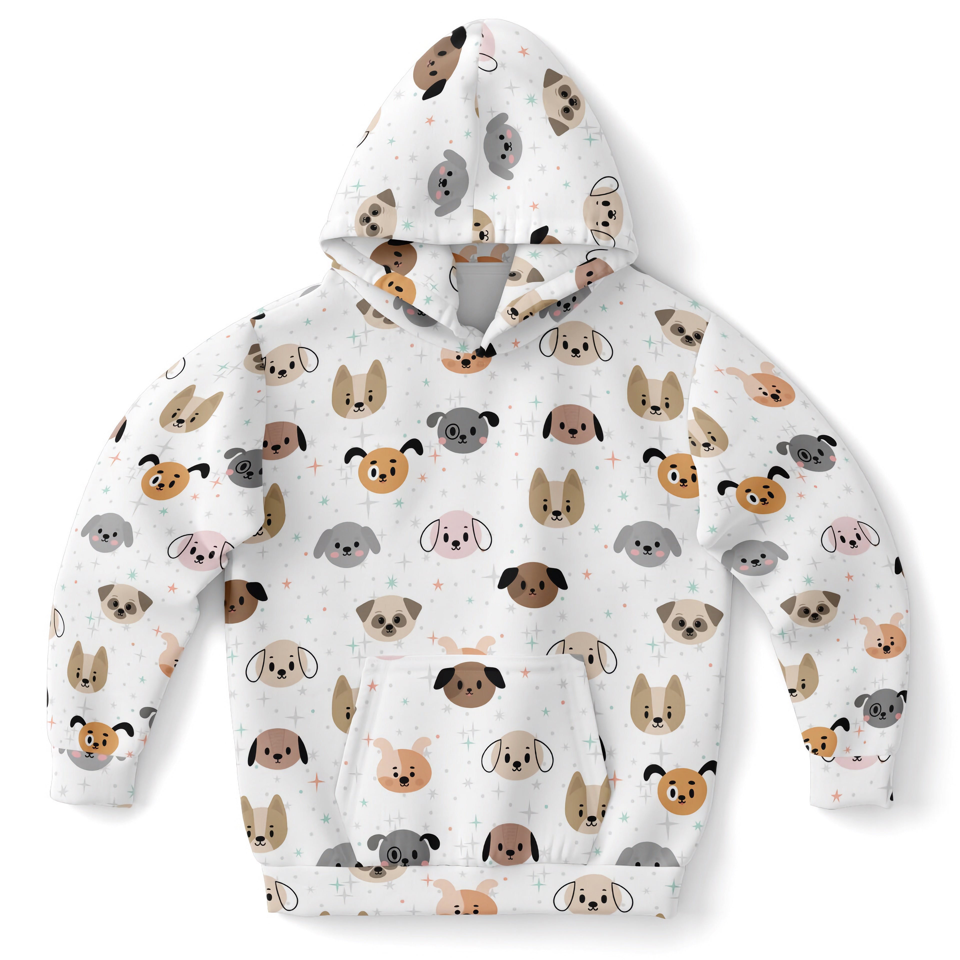 White kids hoodie with colorful cartoon dog faces made of cozy cotton fleece or lightweight sports fabric