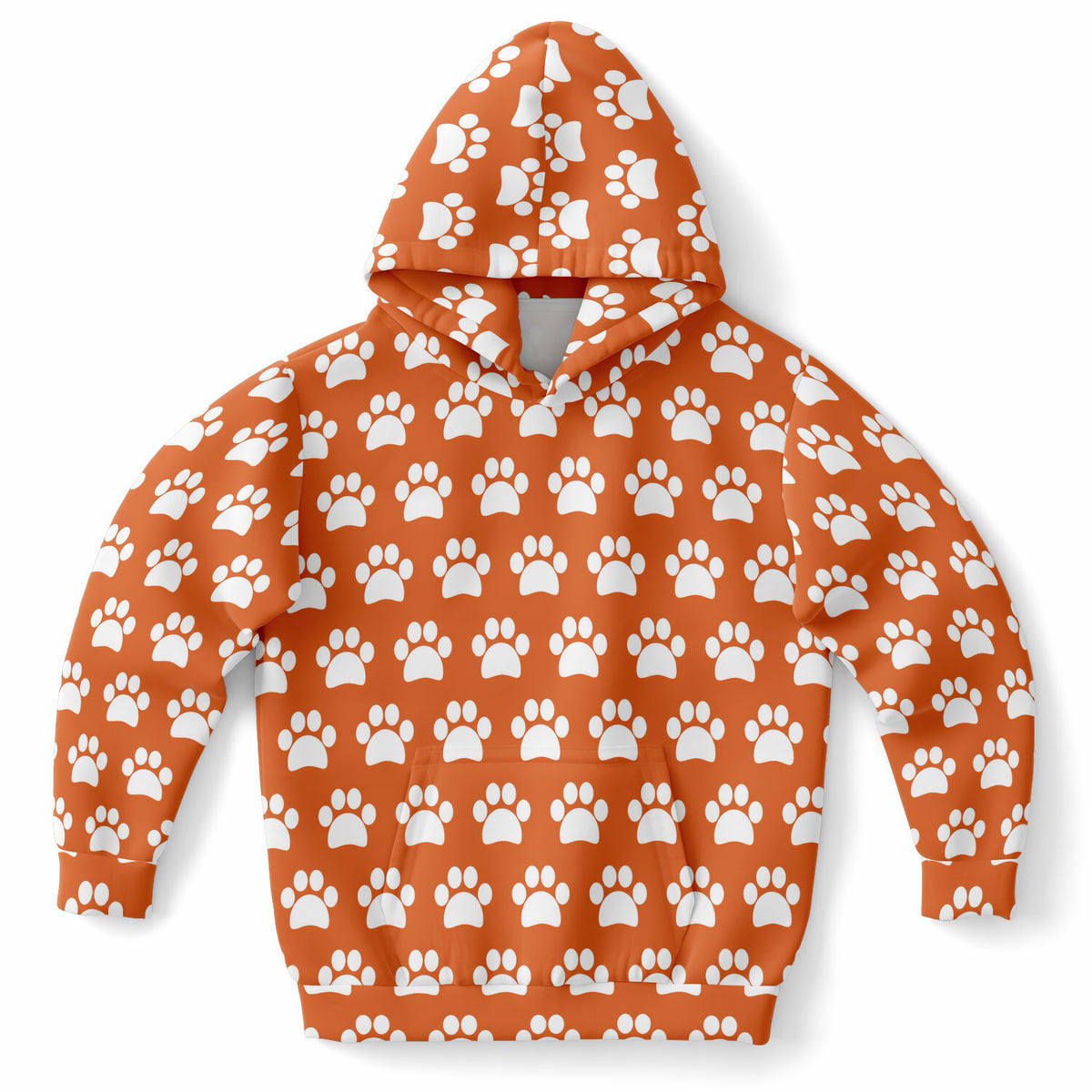 Kids Orange Paw Print Hoodie – Ultra Comfy & Stretchy, Cozy Fleece or Lightweight Sports Fabric, Double-Layer Hood & Kangaroo Pocket