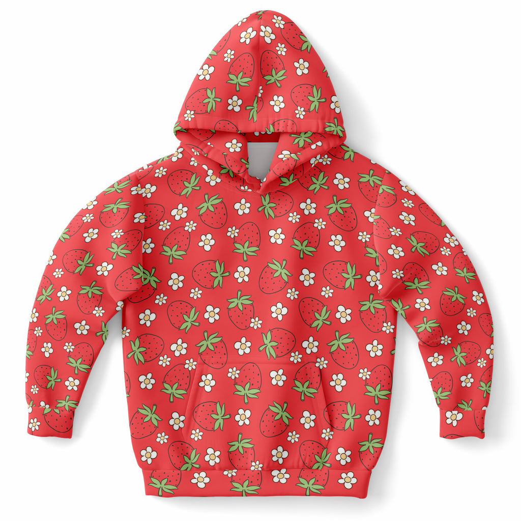Kids Red Strawberry Hoodie – Ultra Comfy & Stretchy, Cozy Fleece or Lightweight Sports Fabric, Double-Layer Hood & Kangaroo Pocket