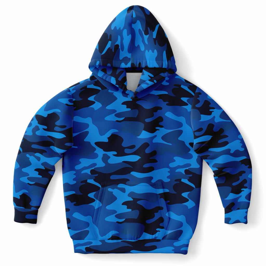 Kids Blue Camouflage Hoodie – Ultra Comfy & Stretchy, Cozy Fleece or Lightweight Sports Fabric, Double-Layer Hood & Kangaroo Pocket