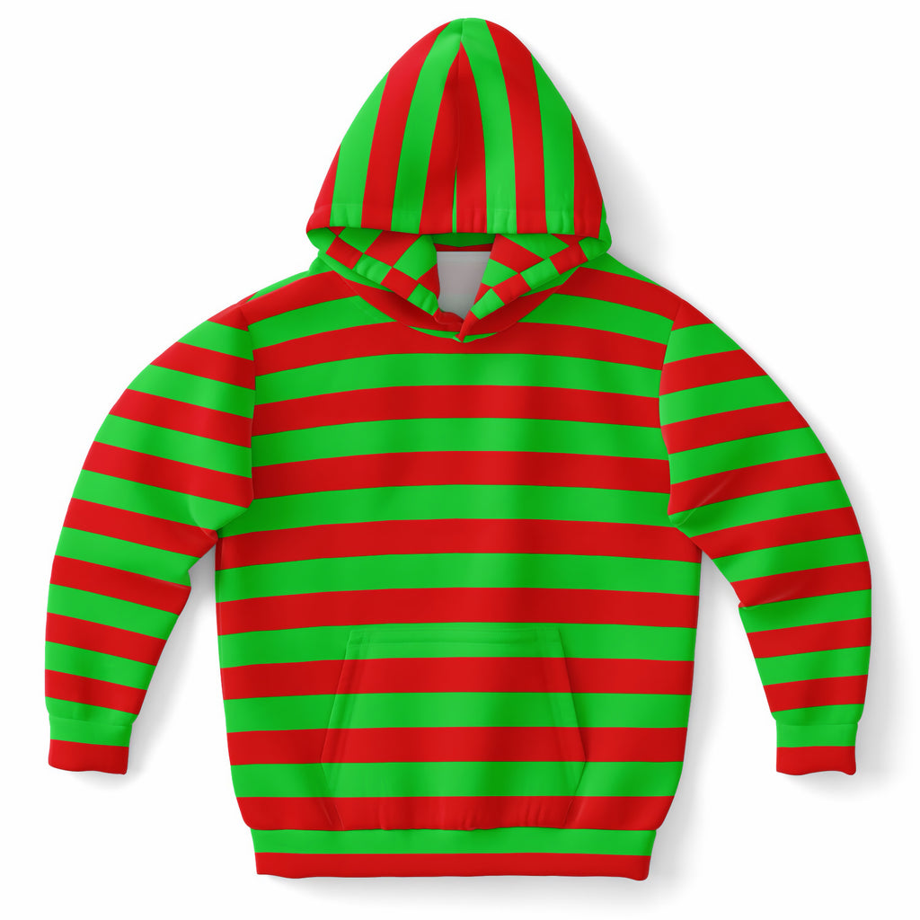 Kids Striped Red & Green Christmas Hoodie – Ultra Comfy & Stretchy, Cozy Fleece or Lightweight Sports Fabric, Double-Layer Hood & Kangaroo Pocket