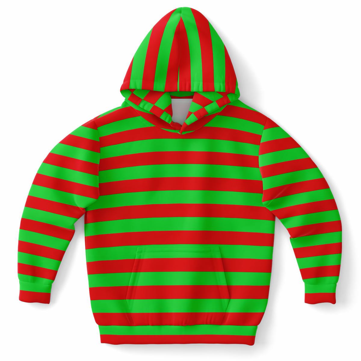 Kids Striped Red & Green Christmas Hoodie – Ultra Comfy & Stretchy, Cozy Fleece or Lightweight Sports Fabric, Double-Layer Hood & Kangaroo Pocket