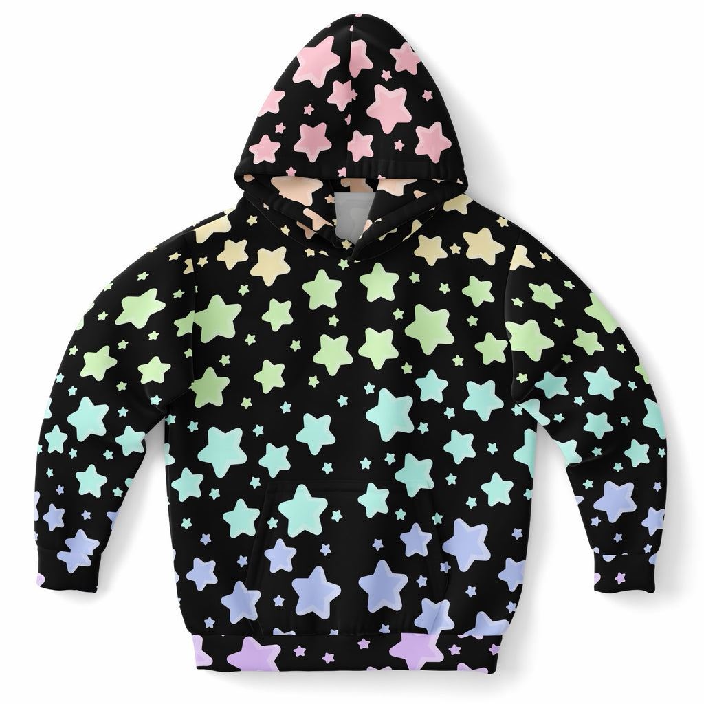 Girls Pastel Rainbow Stars Hoodie – Ultra Comfy & Stretchy, Cozy Fleece or Lightweight Sports Fabric, Double-Layer Hood & Kangaroo Pocket