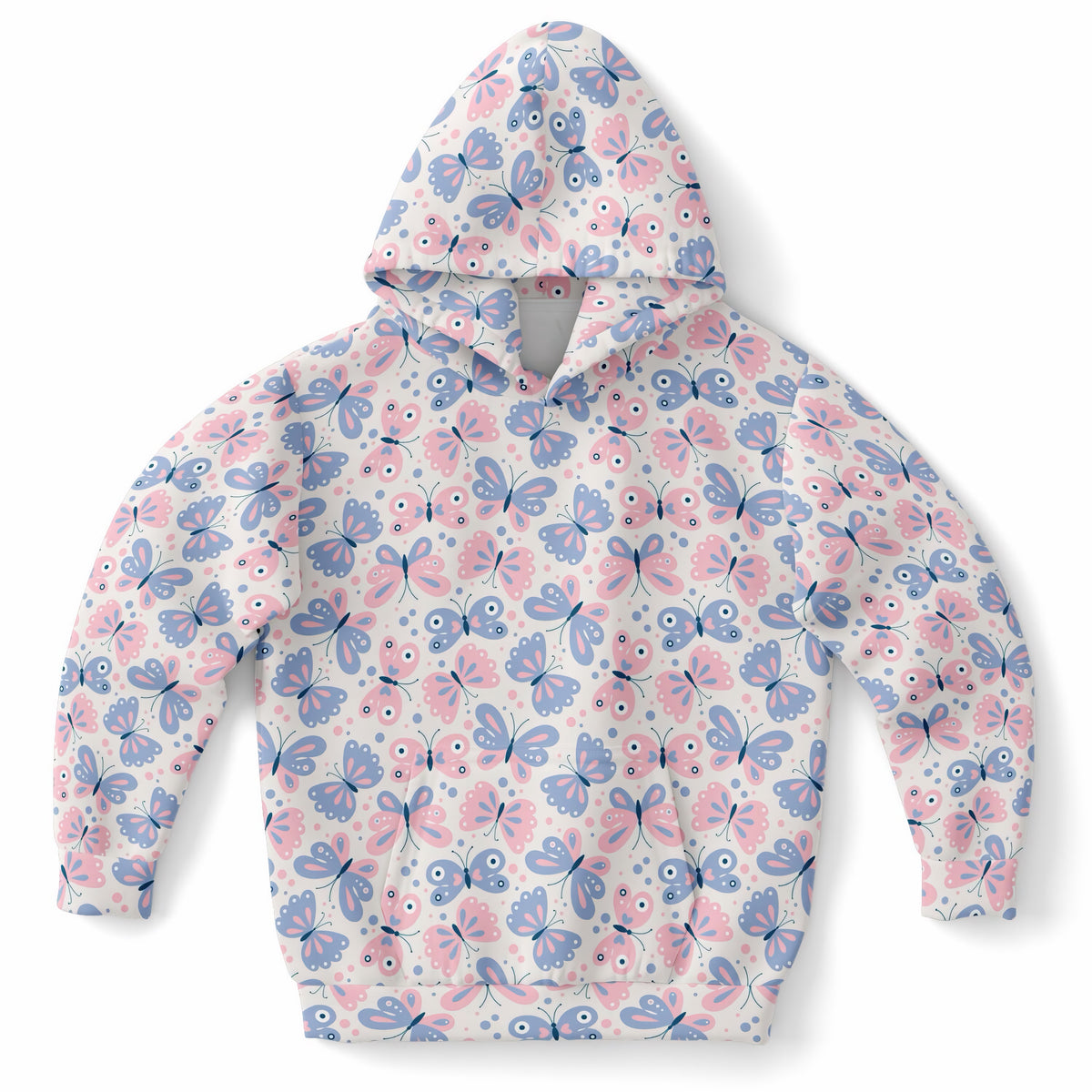 Girls Pink & Blue Butterfly Hoodie – Ultra Comfy & Stretchy, Cozy Fleece or Lightweight Sports Fabric, Double-Layer Hood & Kangaroo Pocket
