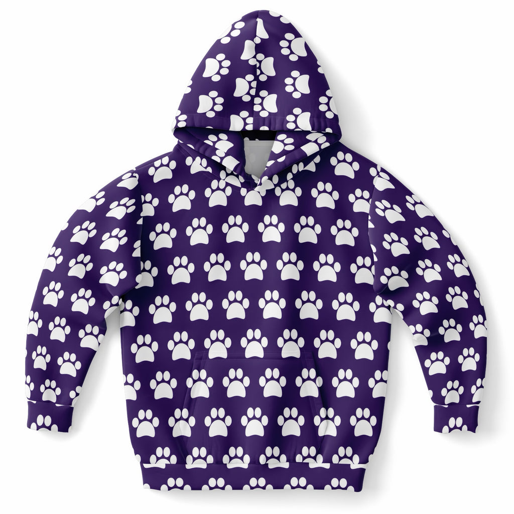 Girls Dark Purple Paw Print Hoodie – Ultra Comfy & Stretchy, Cozy Fleece or Lightweight Sports Fabric, Double-Layer Hood & Kangaroo Pocket