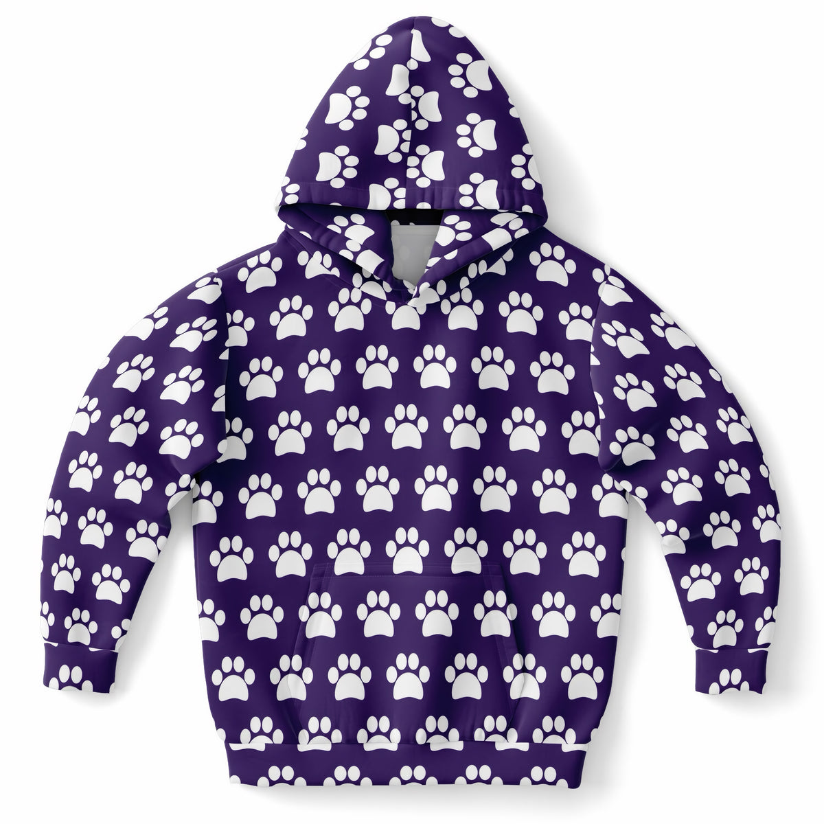 Girls Dark Purple Paw Print Hoodie – Ultra Comfy & Stretchy, Cozy Fleece or Lightweight Sports Fabric, Double-Layer Hood & Kangaroo Pocket