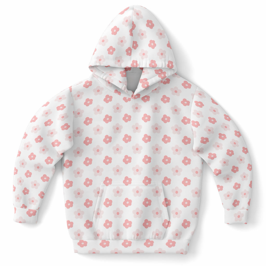 Girls Cute Pink Daisy Flower Hoodie – Ultra Comfy & Stretchy, Cozy Fleece or Lightweight Sports Fabric, Double-Layer Hood & Kangaroo Pocket
