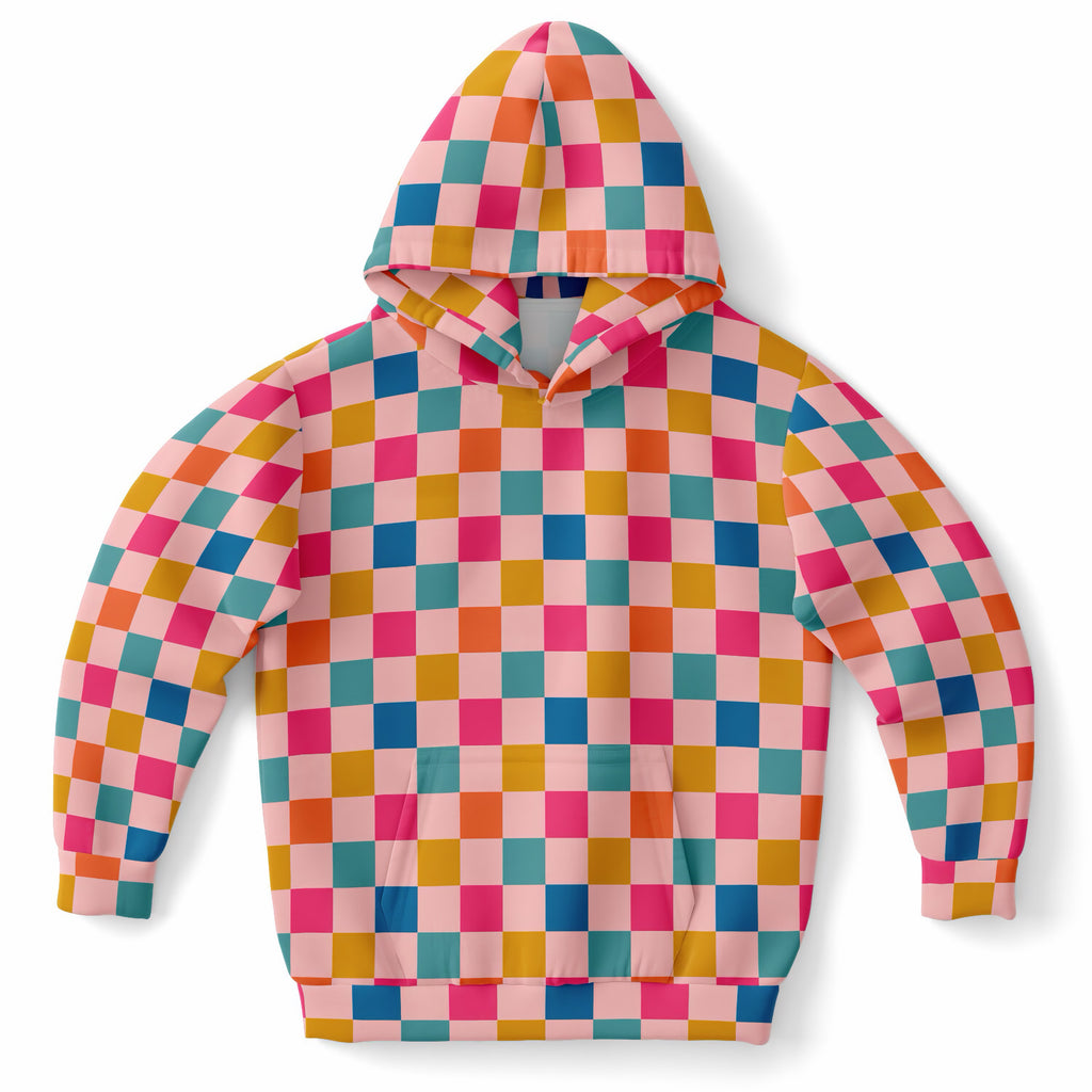 Girls Bright Rainbow Checkered Hoodie – Ultra Comfy & Stretchy, Cozy Fleece or Lightweight Sports Fabric, Double-Layer Hood & Kangaroo Pocket