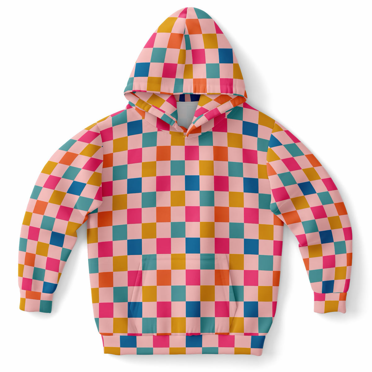 Girls Bright Rainbow Checkered Hoodie – Ultra Comfy & Stretchy, Cozy Fleece or Lightweight Sports Fabric, Double-Layer Hood & Kangaroo Pocket