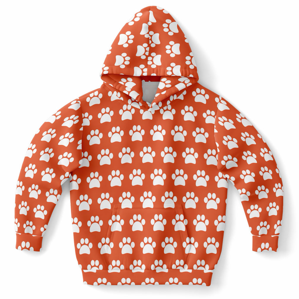 Kids Orange Paw Print Hoodie – Ultra Comfy & Stretchy, Cozy Fleece or Lightweight Sports Fabric, Double-Layer Hood & Kangaroo Pocket