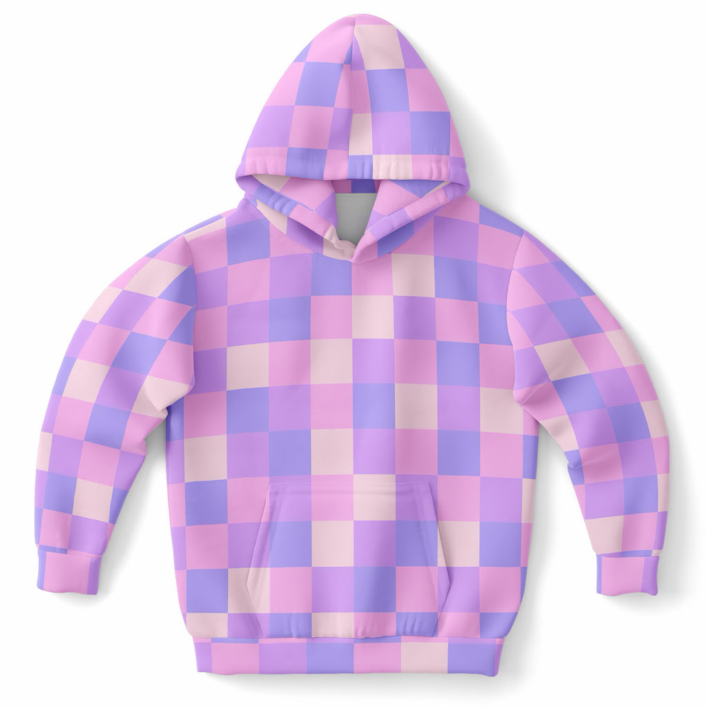 Girls Pink & Purple Checkered Hoodie – Ultra Comfy & Stretchy, Cozy Fleece or Lightweight Sports Fabric, Double-Layer Hood & Kangaroo Pocket