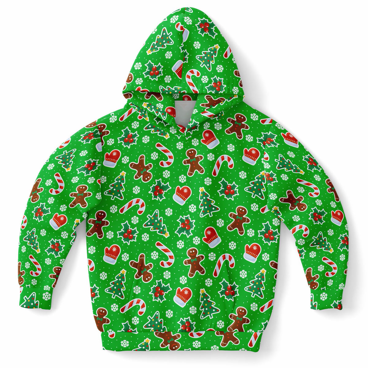 Kids Green Christmas Icons Hoodie – Ultra Comfy & Stretchy, Cozy Fleece or Lightweight Sports Fabric, Double-Layer Hood & Kangaroo Pocket