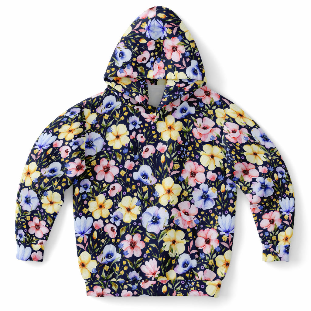 Girls Navy Blue Watercolor Floral Hoodie – Ultra Comfy & Stretchy, Cozy Fleece or Lightweight Sports Fabric, Double-Layer Hood & Kangaroo Pocket