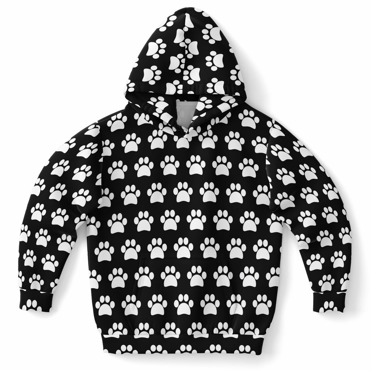 Kids Black Paw Print Hoodie – Ultra Comfy & Stretchy, Cozy Fleece or Lightweight Sports Fabric, Double-Layer Hood & Kangaroo Pocket