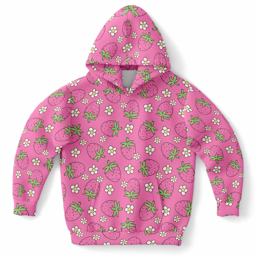 Girls Pink Strawberry Hoodie – Ultra Comfy & Stretchy, Cozy Fleece or Lightweight Sports Fabric, Double-Layer Hood & Kangaroo Pocket
