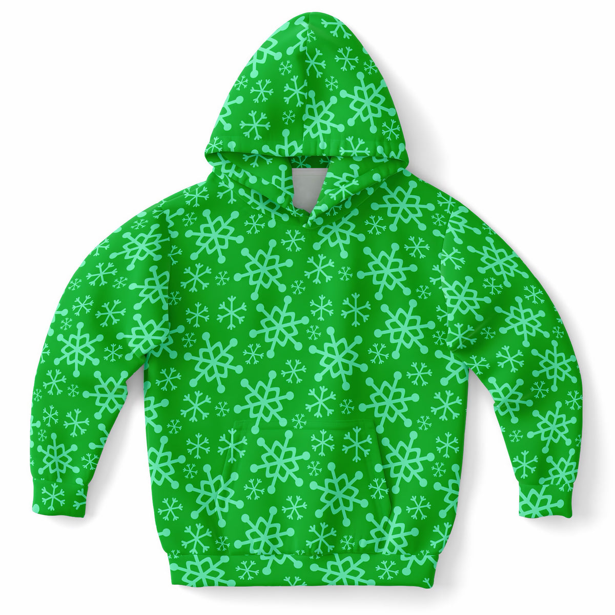 Kids Green Snowflake Christmas Hoodie – Ultra Comfy & Stretchy, Cozy Fleece or Lightweight Sports Fabric, Double-Layer Hood & Kangaroo Pocket