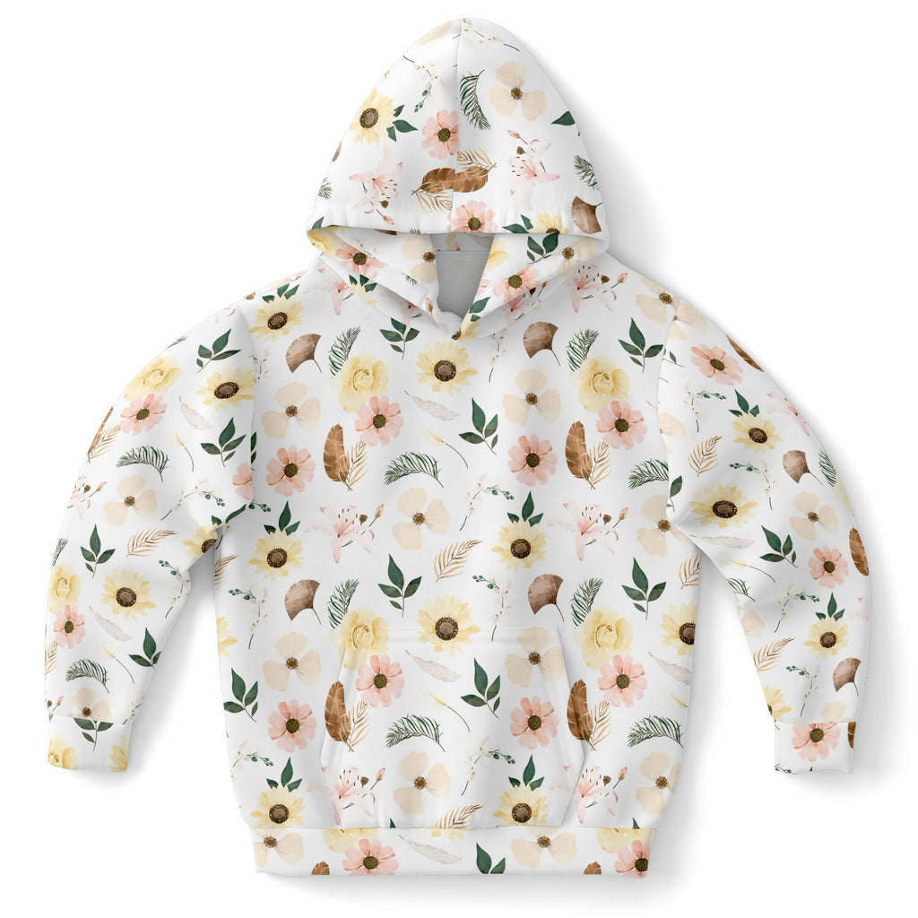Kids Beautiful Boho Floral Hoodie – Ultra Comfy & Stretchy, Cozy Fleece or Lightweight Sports Fabric, Double-Layer Hood & Kangaroo Pocket