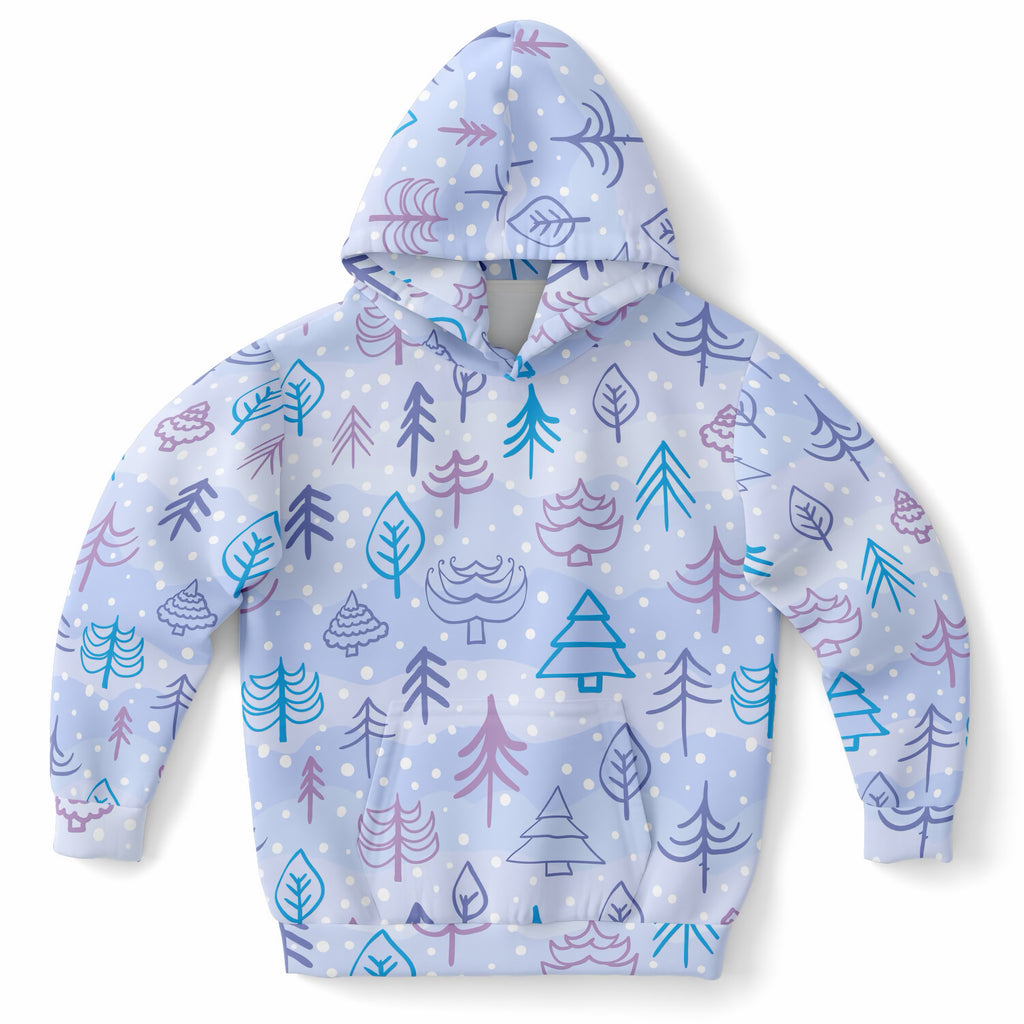Kids Pastel Blue Christmas Tree Hoodie – Ultra Comfy & Stretchy, Cozy Fleece or Lightweight Sports Fabric, Double-Layer Hood & Kangaroo Pocket