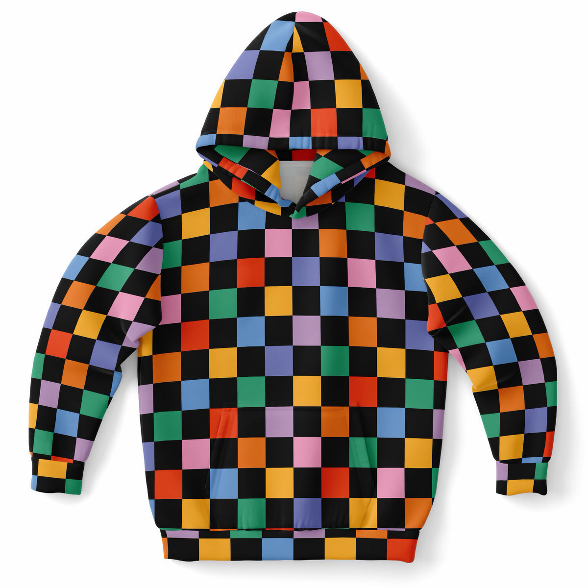 Girls Colorful Rainbow Checkered Hoodie – Ultra Comfy & Stretchy, Cozy Fleece or Lightweight Sports Fabric, Double-Layer Hood & Kangaroo Pocket