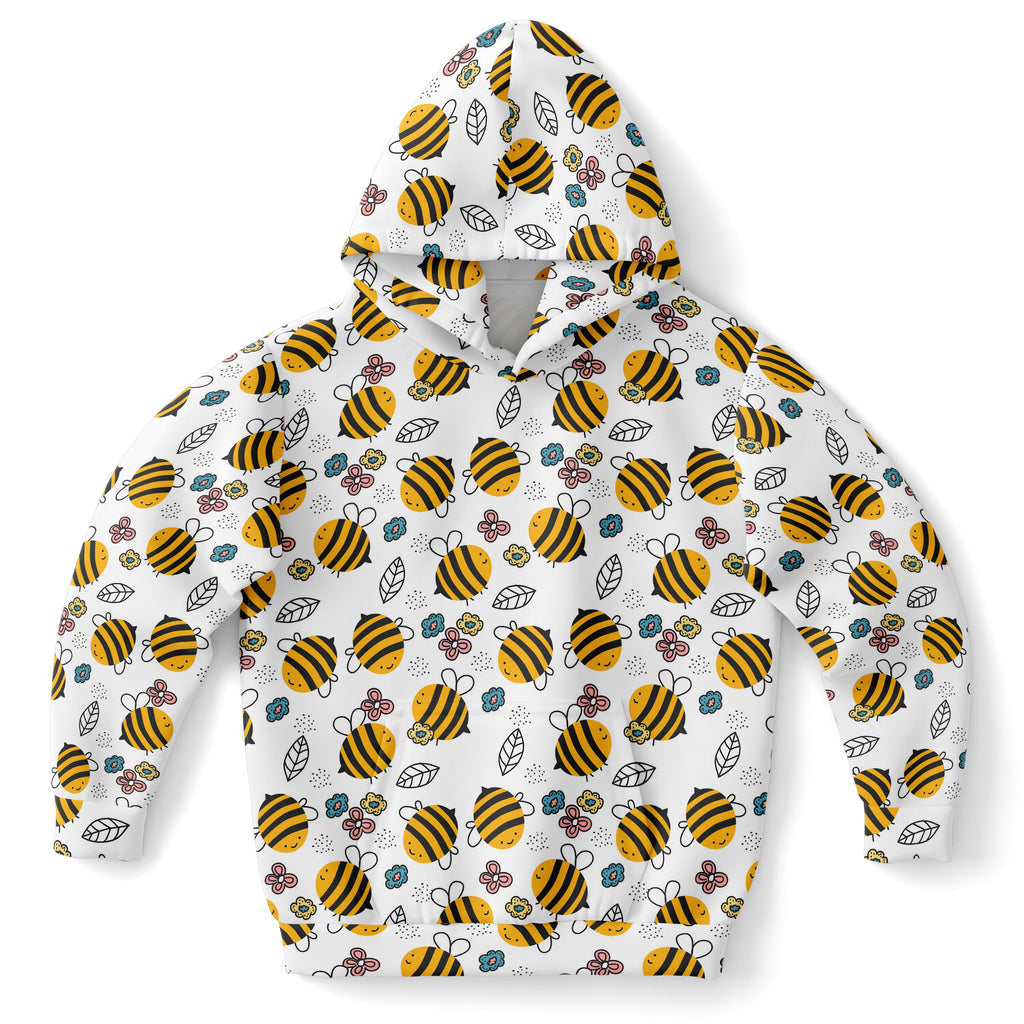 Kids yellow bee hoodie in white cotton fleece with playful yellow and black bee pattern and colorful flowers and leaves