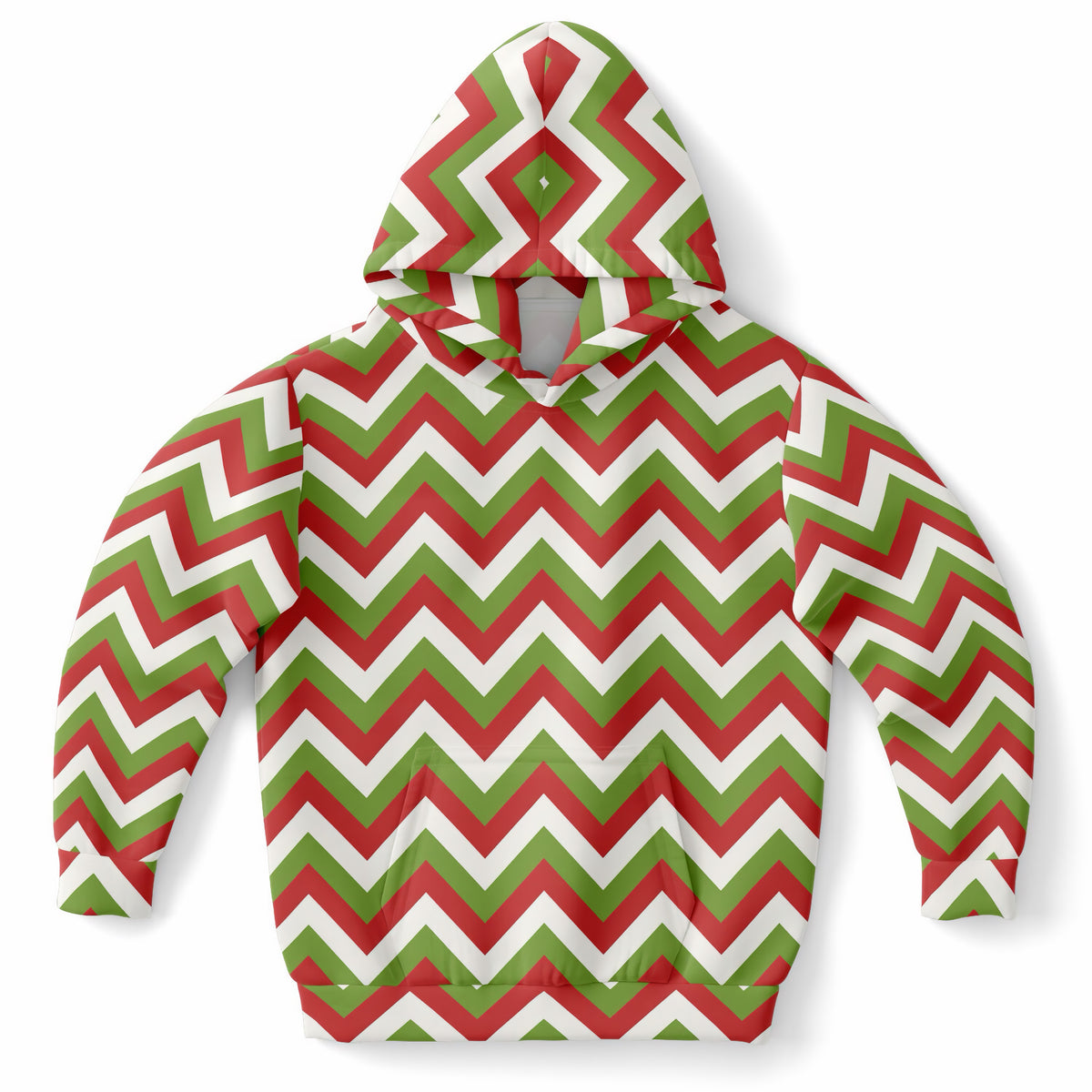 Kids Christmas Red & Green Chevron Hoodie – Ultra Comfy & Stretchy, Cozy Fleece or Lightweight Sports Fabric, Double-Layer Hood & Kangaroo Pocket