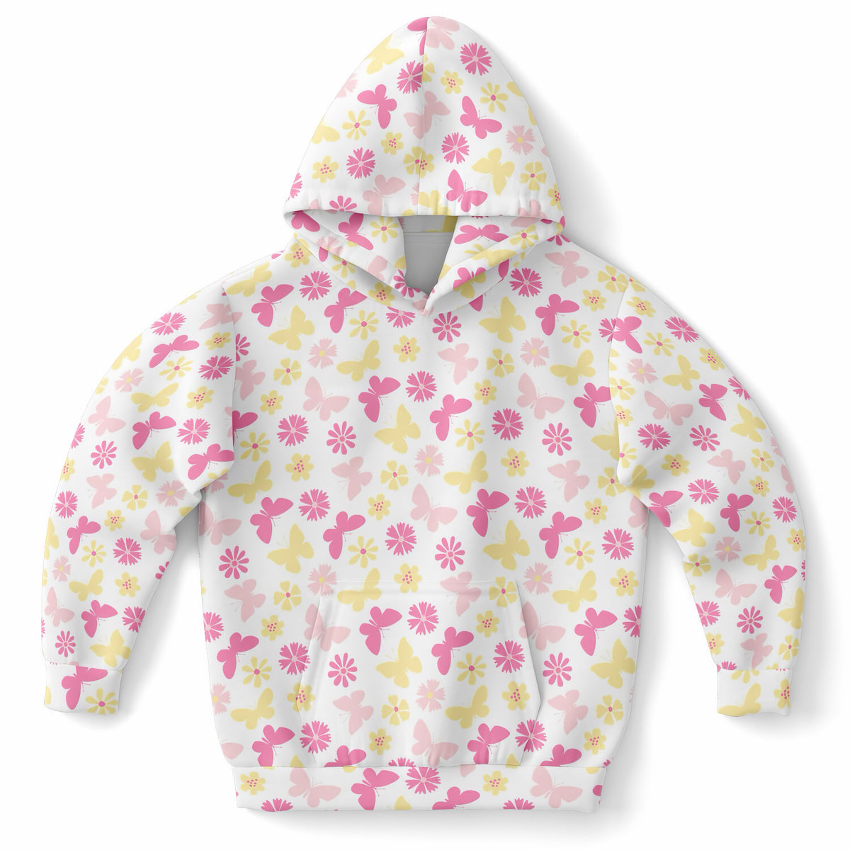 Girls Pink Butterfly & Daisy Hoodie – Ultra Comfy & Stretchy, Cozy Fleece or Lightweight Sports Fabric, Double-Layer Hood & Kangaroo Pocket