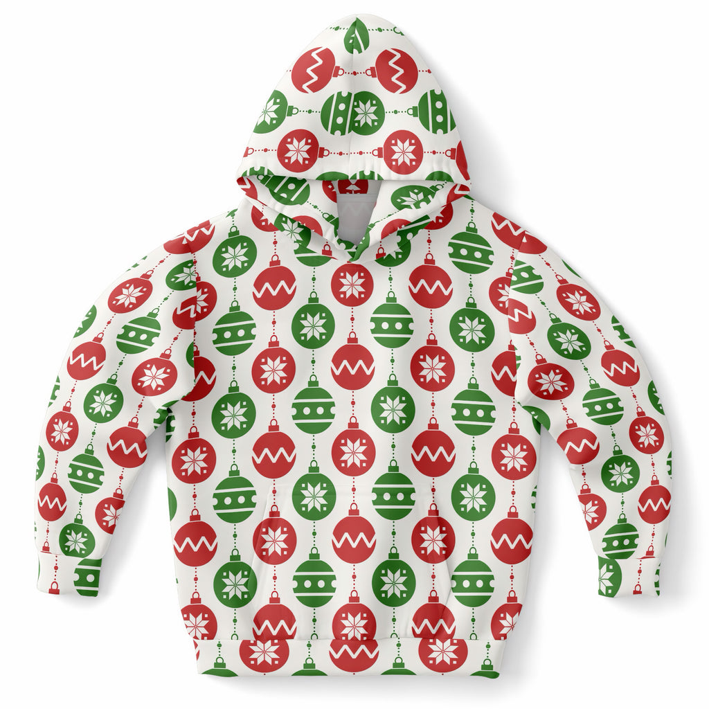 Kids Christmas Red & Green Christmas Ornaments Hoodie – Ultra Comfy & Stretchy, Cozy Fleece or Lightweight Sports Fabric, Double-Layer Hood & Kangaroo Pocket