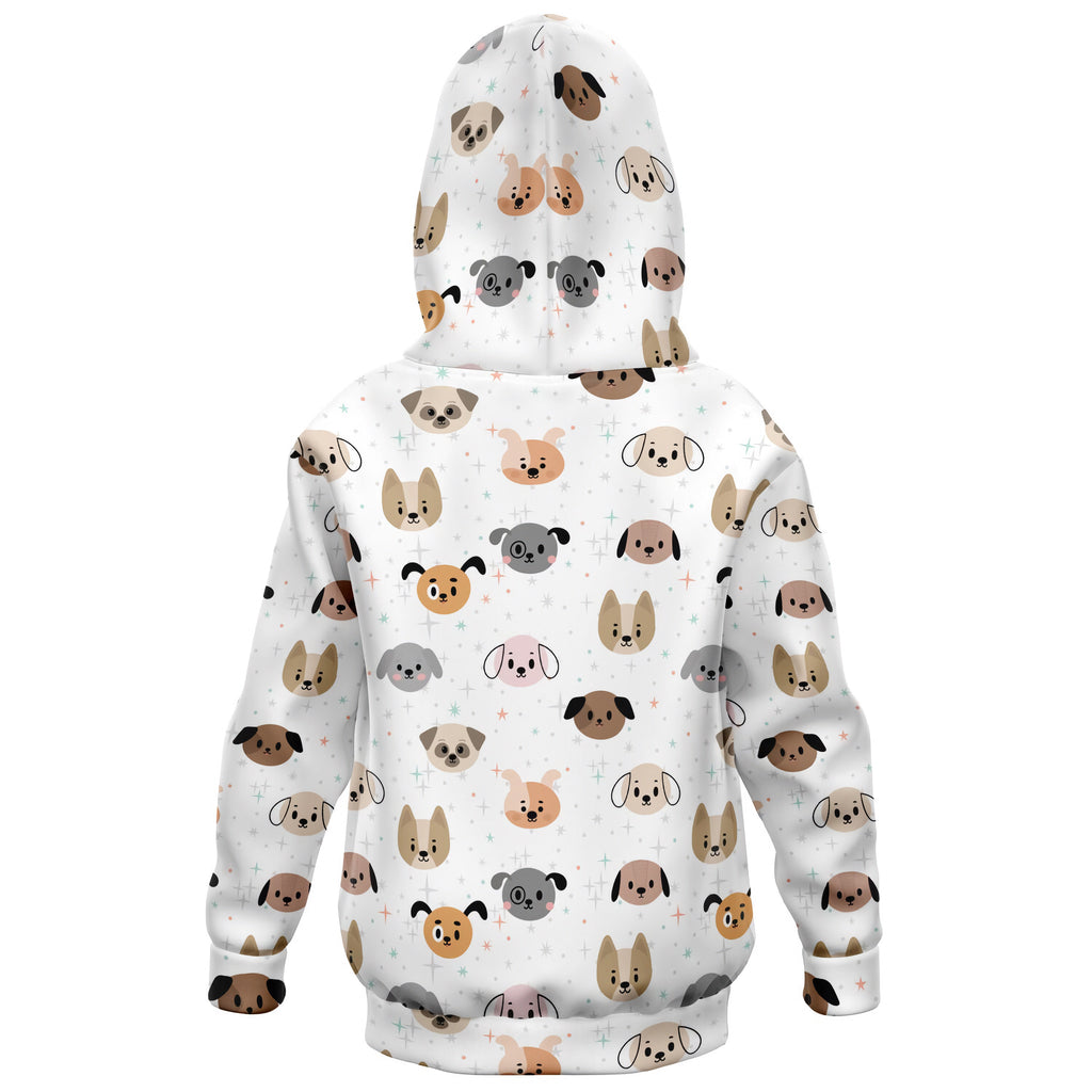 White kids dog face hoodie with playful cartoon dog pattern in beige gray and pink cozy cotton fleece
