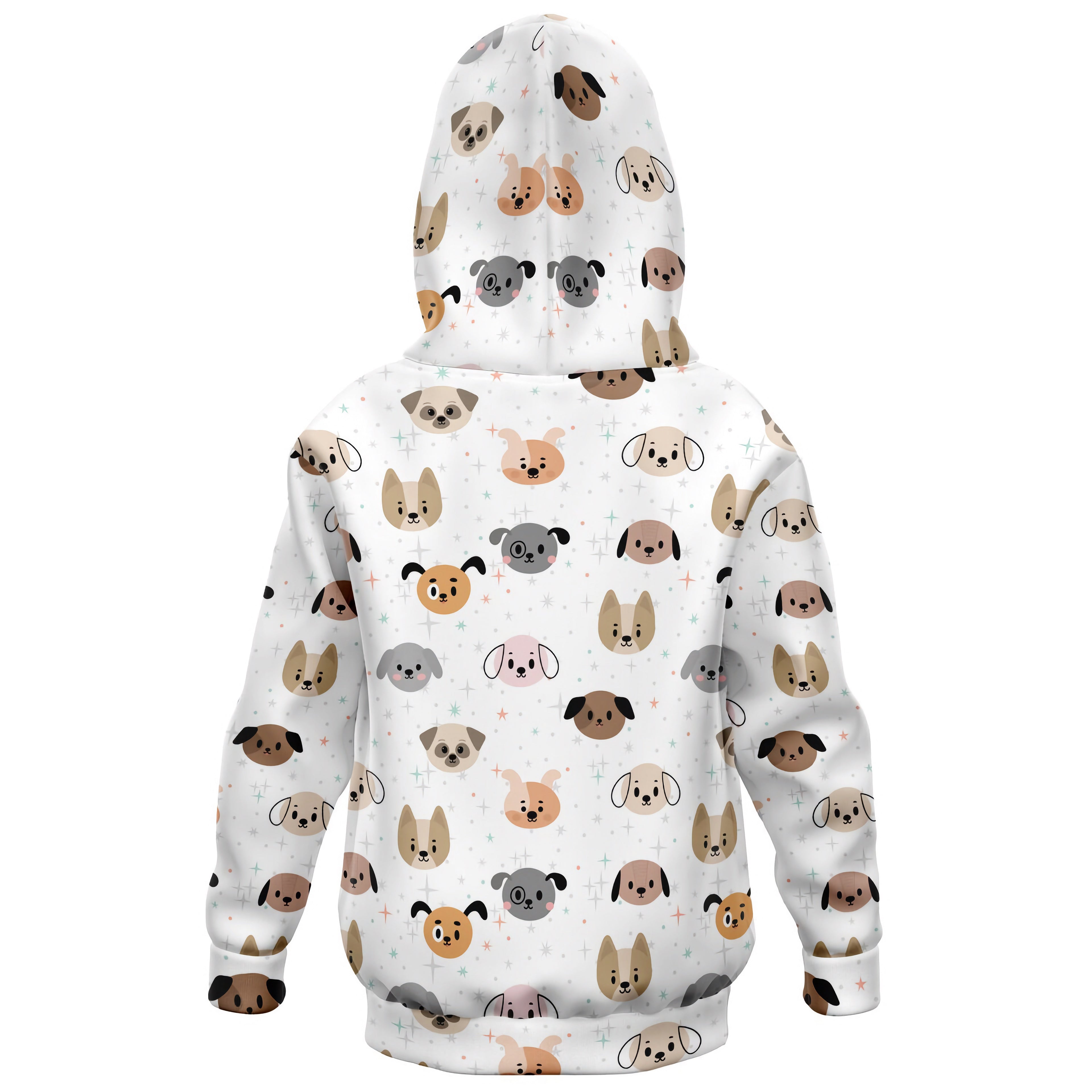 White kids dog face hoodie with playful cartoon dog pattern in beige gray and pink cozy cotton fleece