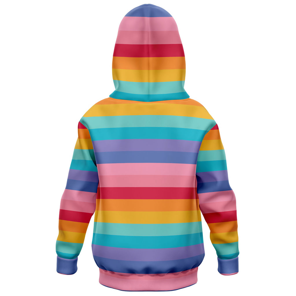 Girls striped bright rainbow hoodie with vibrant pink red orange yellow teal and purple cotton fleece fabric