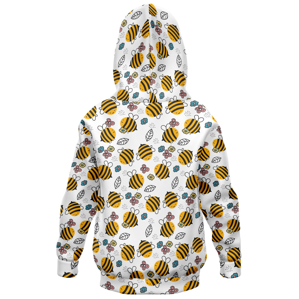 White kids yellow bee hoodie with playful bee pattern in cozy cotton fleece or lightweight sports fabric