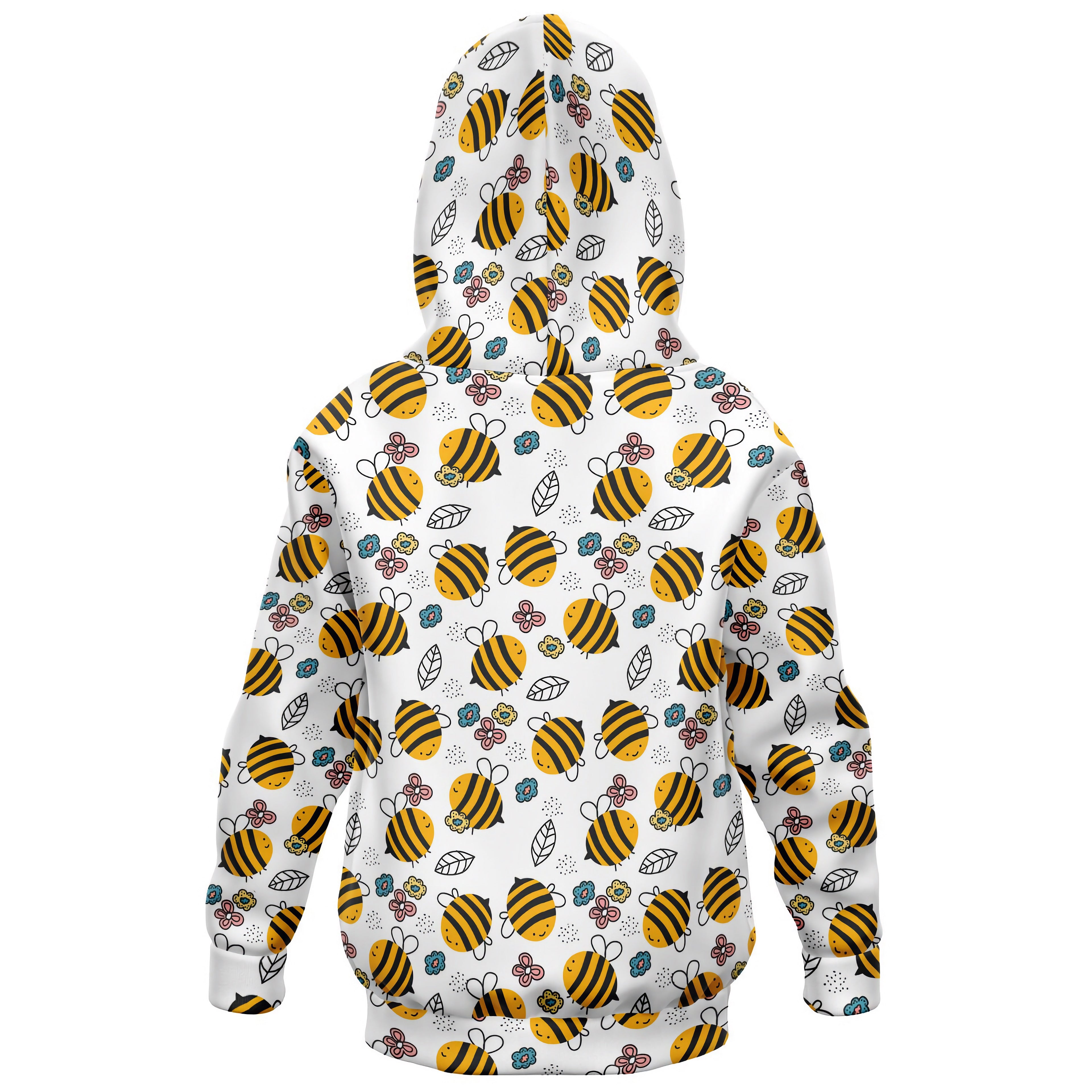 White kids yellow bee hoodie with playful bee pattern in cozy cotton fleece or lightweight sports fabric