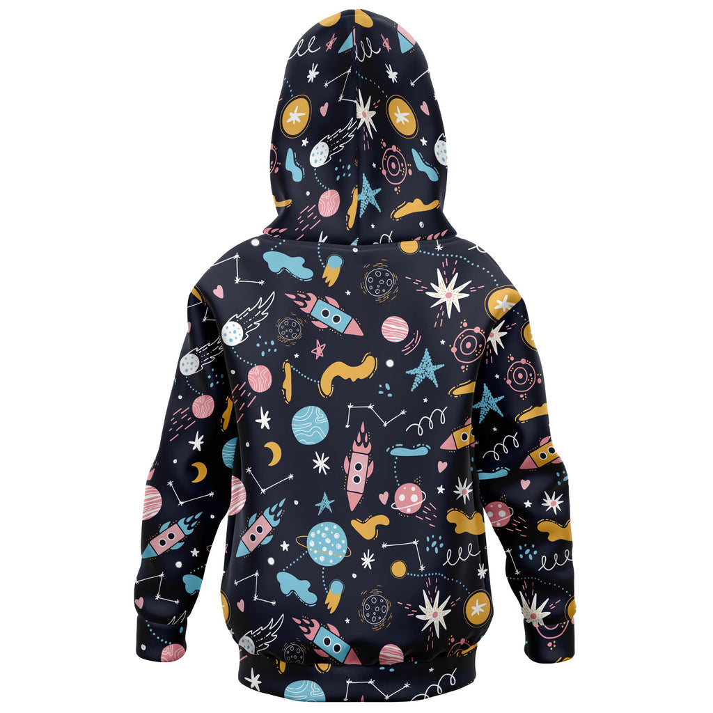 Black kids outer space hoodie with vibrant pastel space print made of cozy cotton fleece or lightweight sports fabric