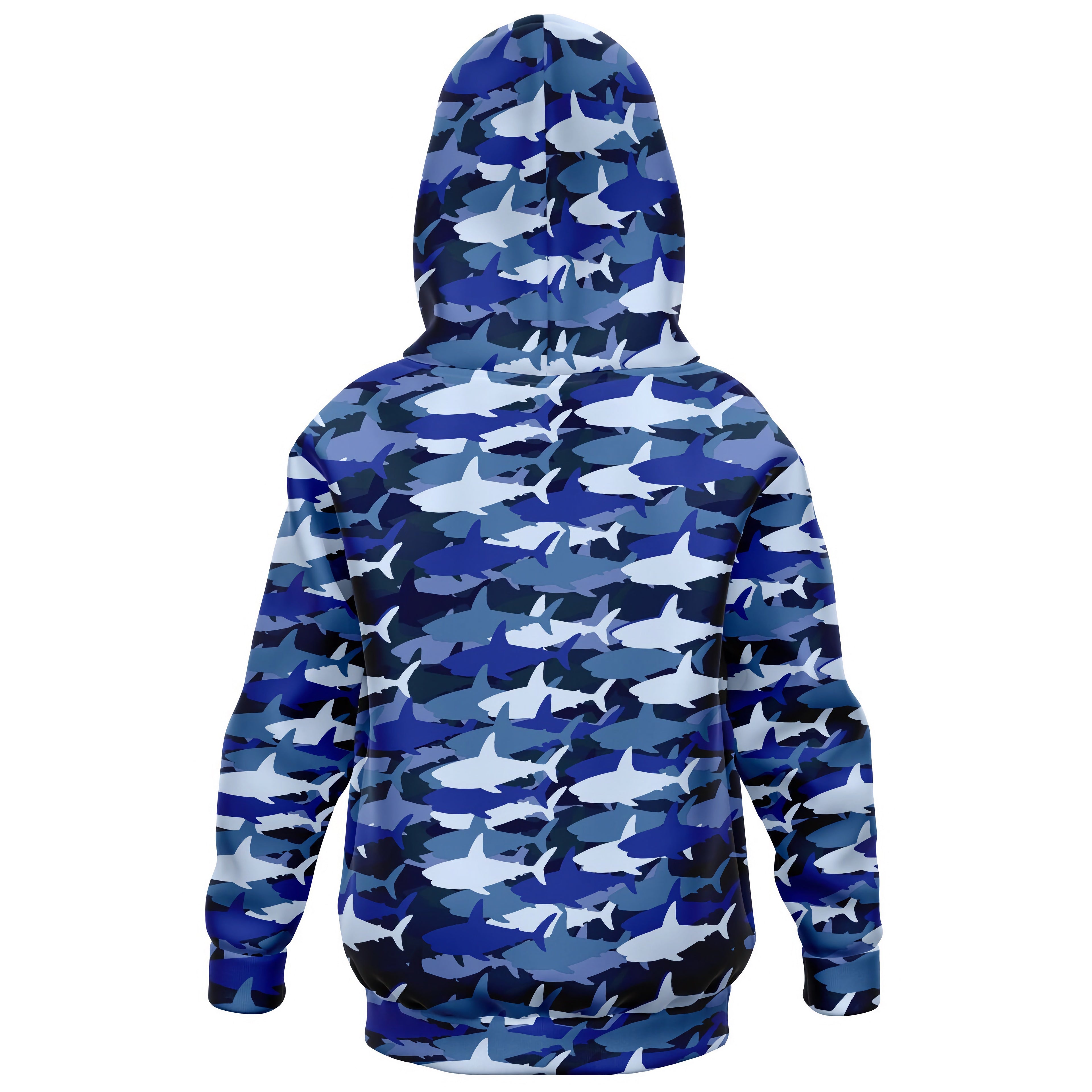 Kids blue shark hoodie in cozy cotton fleece with blue and white shark camouflage design for everyday wear